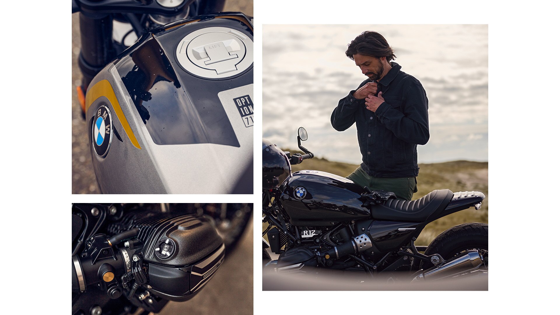 Collage of the design highlights of the stylish roadster R 12 nineT from BMW Motorrad